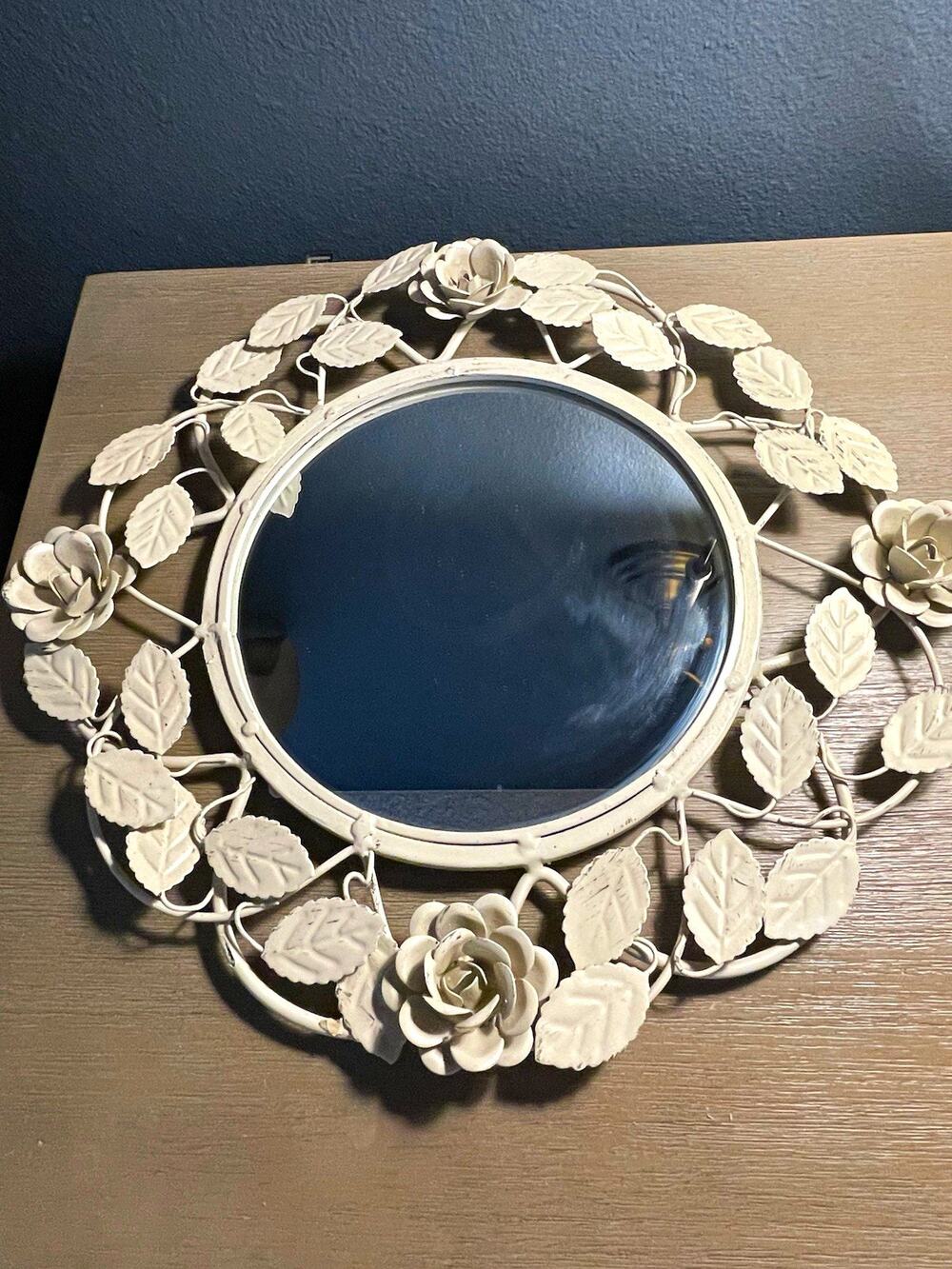 Vintage White Tole Metal Rose Floral Wall Mirror 16” Shabby Chic Cottage